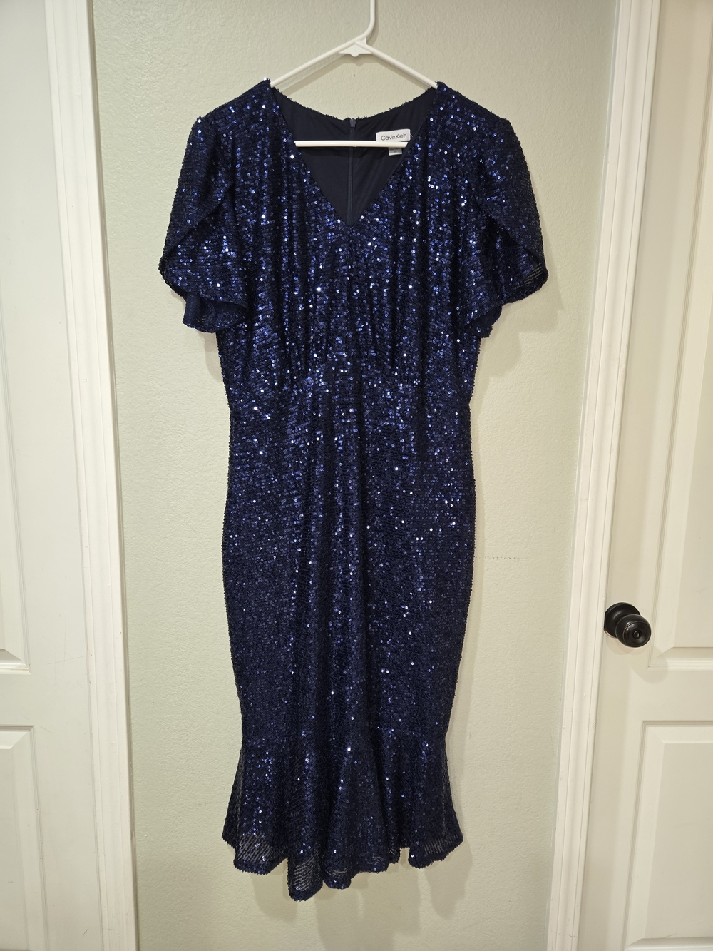 Calvin Klein Navy Sequin Midi Dress with Flutter Sleeves